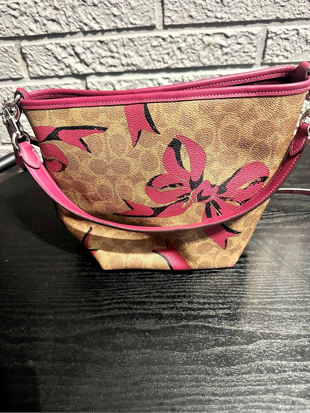 Coach City Bucket Bag In Signature Canvas With Bow Print Floral Pink & Brown